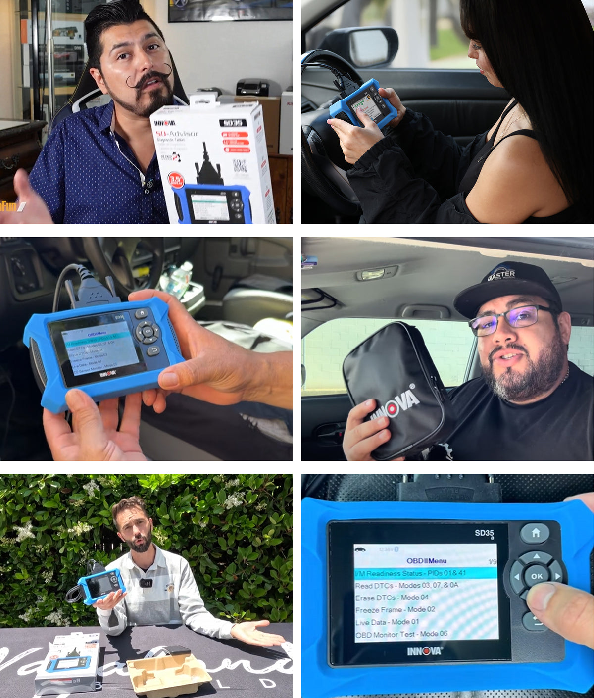 Six images showing people demonstrating the Innova SD35 diagnostic tool in various settings, including holding the device, using it in a car, and displaying its case and accessories.