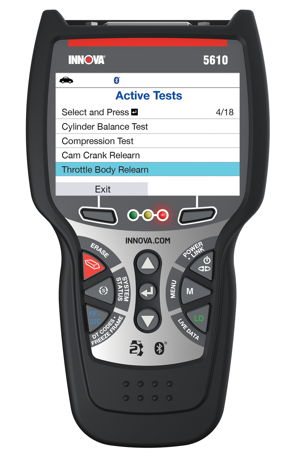 Innova 5610 bidirectional OBD2 scanner with the Active Tests menu on its color screen.