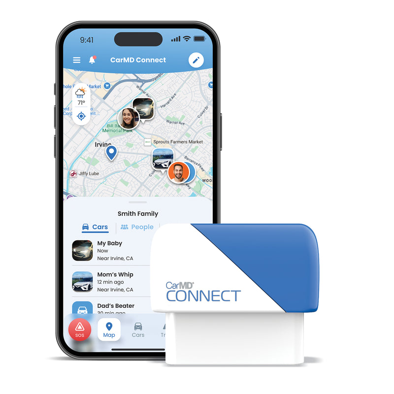 The CarMD Connect, a small plug-in tracker, in front of a phone showing its map