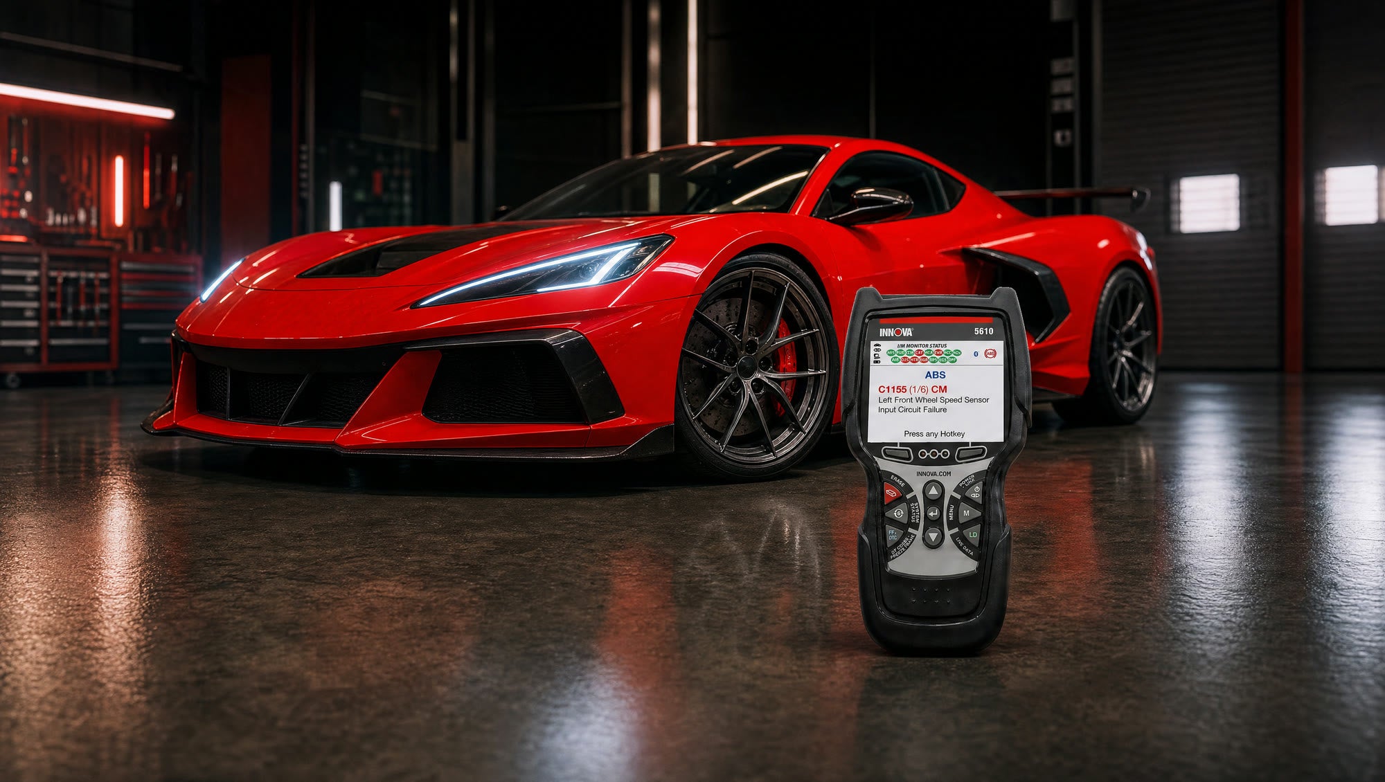 Red sports car in a garage, next to the Innova 5610 scanner