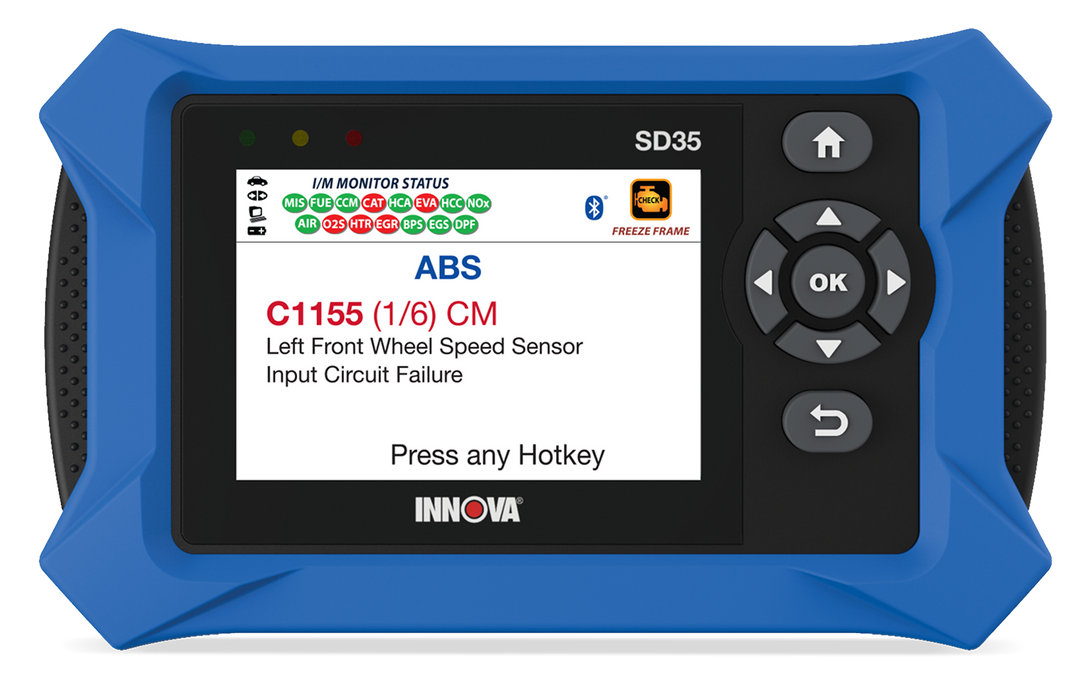 Blue Innova SD35 diagnostic scanner displaying ABS error code C1155 for left front wheel speed sensor input circuit failure.