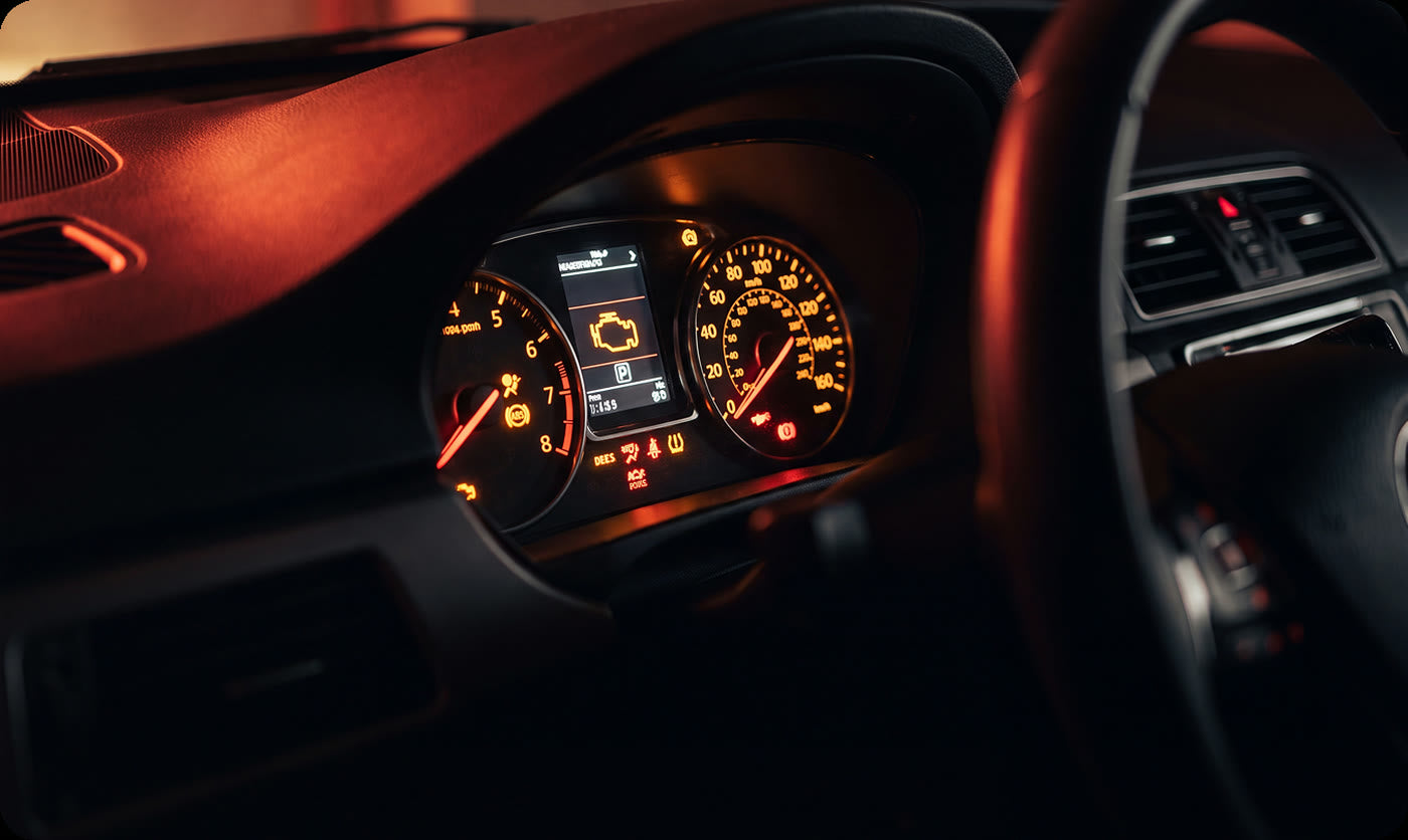 Dashboard with a lit check engine light